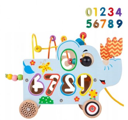 Tulimi Edukačný drevený slon s kolieskami, labyrintom a číslami