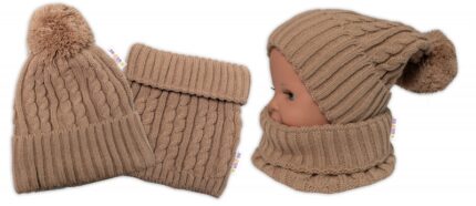 Pletená zimná čiapka s brmbolcom + komínček BABY NELLYS - bežová,veľ. 48-52cm