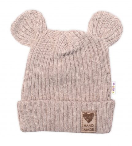Pletená bavlněná čiapka s uškami, dvojvrstvová, Hand Made Baby Nellys, béžová