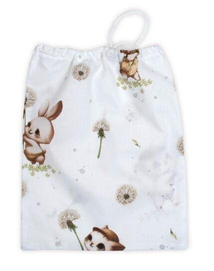 Vrecko na prezuvky 40x32cm, bavlna, Kocúrik a púpava - biela