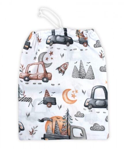 Vrecko na prezuvky 40x32cm, bavlna, Autá - biela/sivá