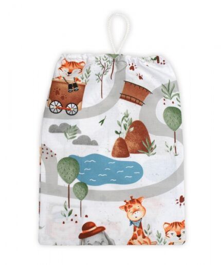 Vrecko na prezuvky 40x32cm, bavlna, ZOO vo vlaku, biela s potlačou