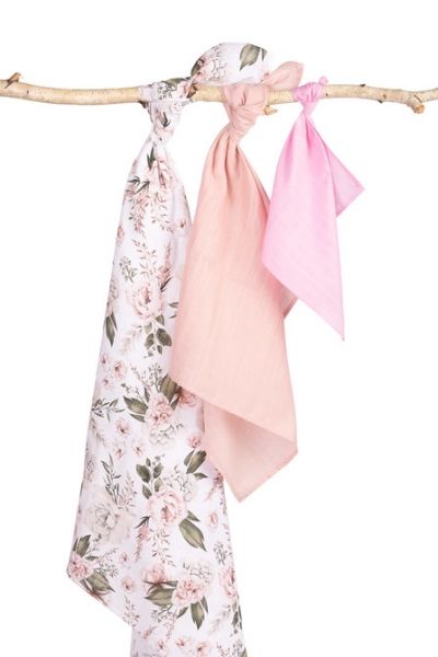 Mušelínové plienky 3 ks - sada rôznych veľkostí - Kvety ružové